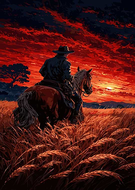 Cowboy Riding Through Wheat Field Sunset