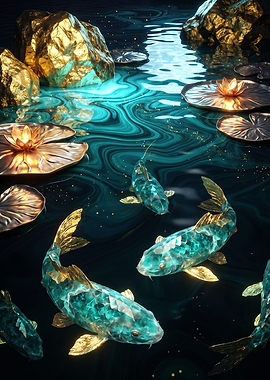 Ethereal Koi Fish in Golden Pond