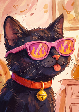 Cool Black Cat with Flame Sunglasses
