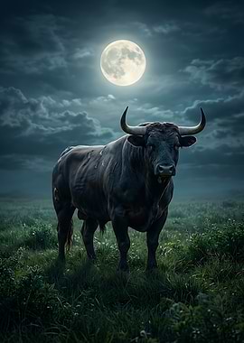 Majestic Bull Under Full Moon