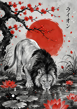 Lion Drinking at Pond Japanese Art