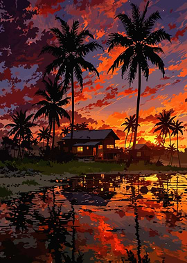 Tropical Sunset Beach House Illustration
