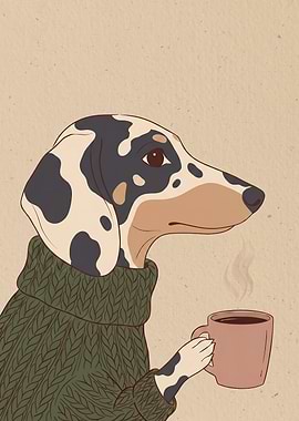 Dachshund in Sweater Drinking Coffee