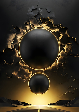 Abstract Black Spheres and Golden Light