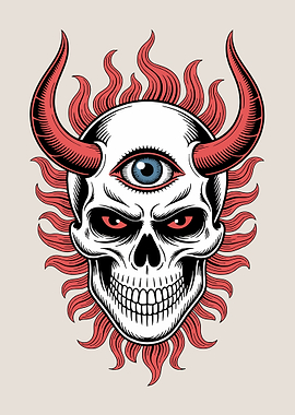 Three-Eyed Horned Skull Illustration