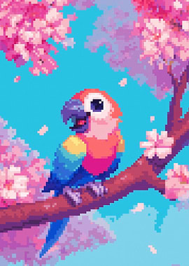 Pixel Art Parrot in Cherry Blossoms