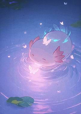 Cute Axolotl with Glowing Butterflies