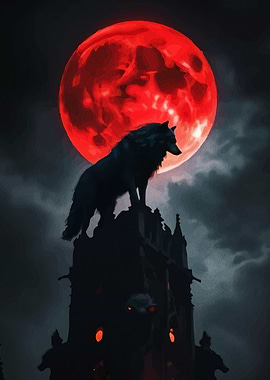 Wolf Standing on Tower Under Blood Moon