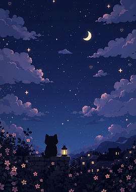 Black Cat Watching Night Sky
