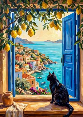 Black Cat Looking at Mediterranean Coast