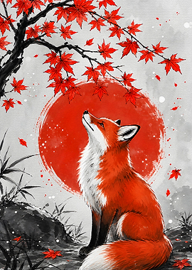 Fox Under Red Maple Tree