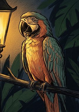 Macaw Parrot Perched by Lantern Light
