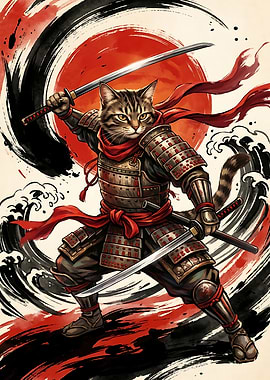 Tabby Cat Samurai Warrior Illustration