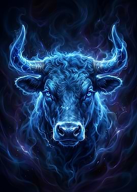 Mystical Blue Fire Bull Portrait