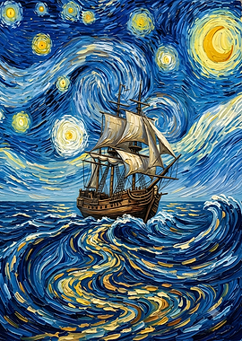 Sailing Ship in Starry Night Style