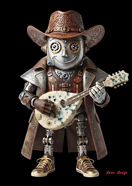 Steampunk Robot Cowboy Playing Cheese Mandolin
