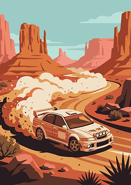 Rally Car Drifting in Desert Landscape