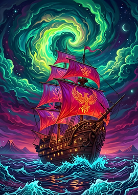 Fantasy Ship Under Cosmic Aurora