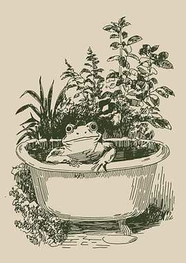 Vintage Frog Bath Botanical Wall Art | Rustic Cottagecore Line Art Poster