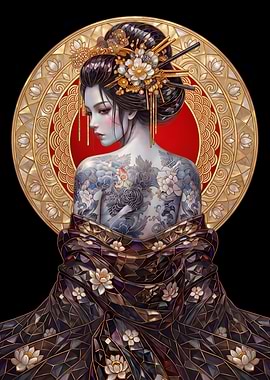Elegant Geisha with Floral Back Tattoo