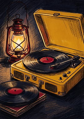 Vintage Yellow Record Player and Lantern