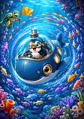 Penguin Pilot in Whale Submarine