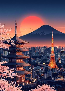 Tokyo Skyline with Pagoda and Fuji