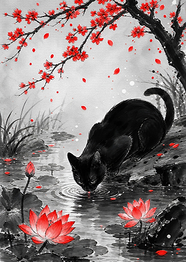 Black Cat Drinking from Lotus Pond