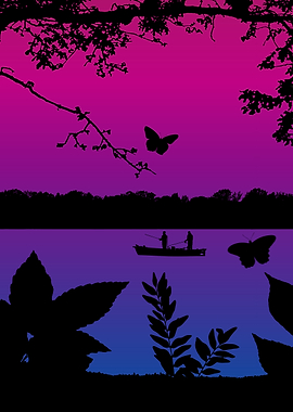 Bisexual Pride Flag Fishing Landscape Silhouette