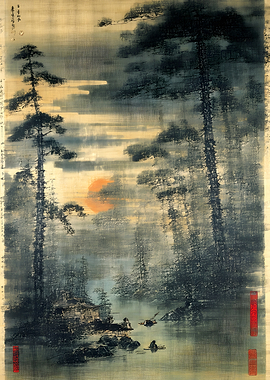 Traditional Japanese Ink Wash Landscape Painting
