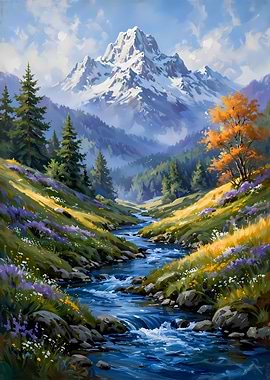Majestic Mountain Stream Landscape Painting