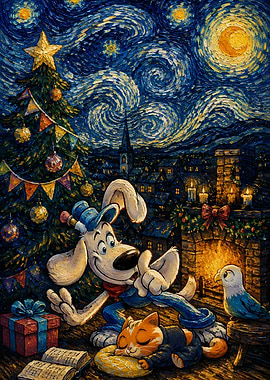 Dog and Cat Christmas Starry Night