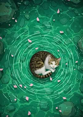Cat Floating in Emerald Water