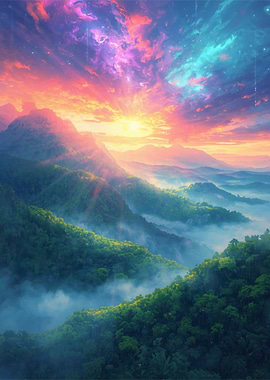 Vibrant Nebula Sunset Over Misty Mountains