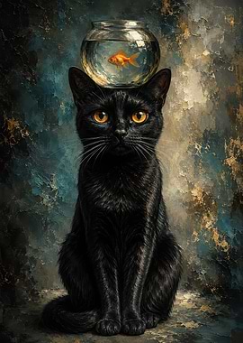 Black Cat with Goldfish Bowl