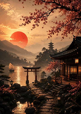 Serene Japanese Temple at Sunset