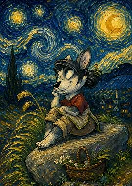 Anthropomorphic Wolf in Starry Night Style