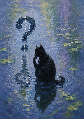 Pondering Black Cat in Water
