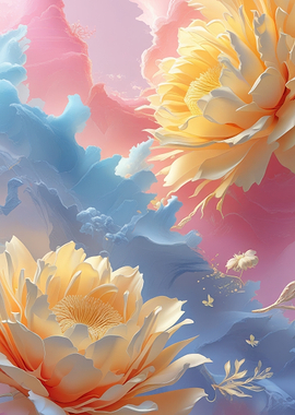 Ethereal Yellow Flowers in Pastel Clouds