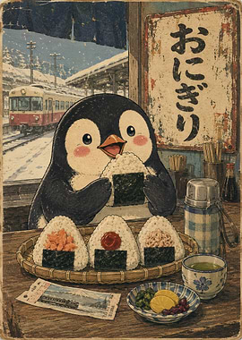 Cute Penguin Eating Onigiri at Station