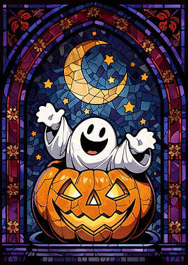 Stained Glass Halloween Ghost and Pumpkin