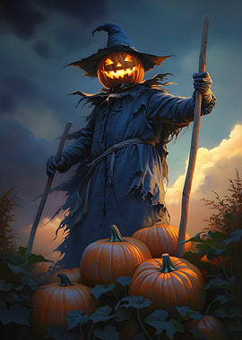 Jack-o'-lantern Scarecrow in Pumpkin Patch