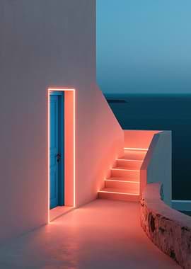 Santorini Afterglow - Neon Lit Minimalist Mediterranean Architecture
