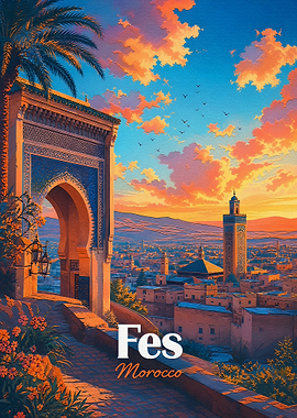 Fes Morocco Sunset Travel Poster