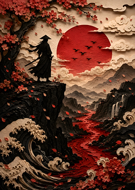 Solitary Samurai Under Cherry Blossoms