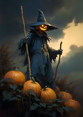 Jack-o'-lantern Scarecrow in Pumpkin Patch
