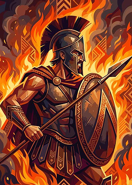Spartan Warrior in Battle Flames