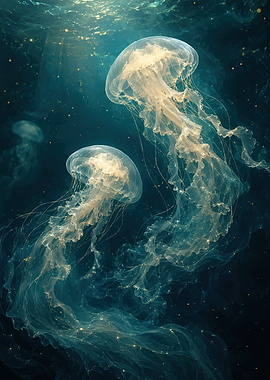 Glowing Jellyfish in Deep Ocean