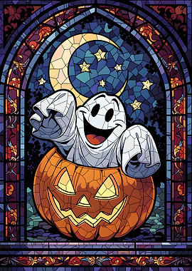 Stained Glass Halloween Ghost and Pumpkin