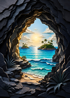 Tropical Coastal Rock Cave Ocean Papercraft